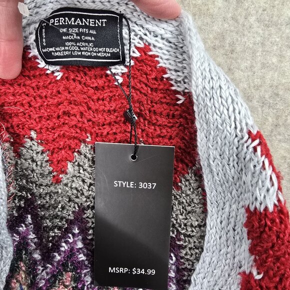 Permanent Womens Colorful Chevron Knit Poncho With Fringe Hem One Size Acrylic - Picture 3 of 4